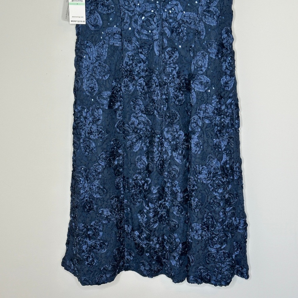 Alex Evenings Navy Blue Floral Lace Sequin Rosette Embellished Midi Dress Size 8 - Picture 12 of 16
